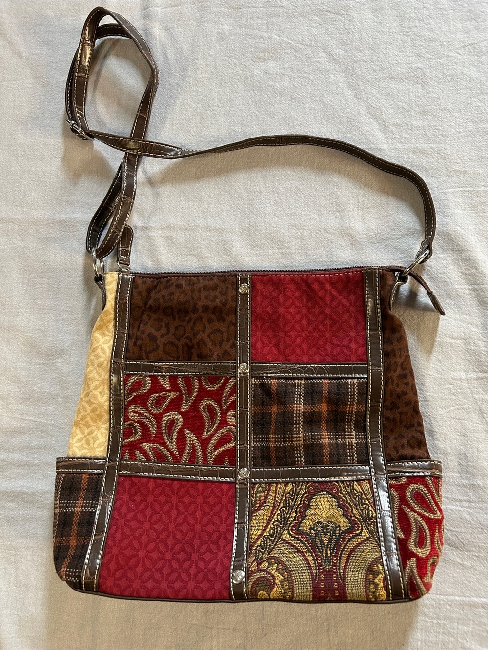 Relic by Fossil Patchwork Crossbody Bag w Paisley, Plaid & Leopard Print Panels